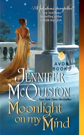 book cover, Moonlight on My Mind by Jennifer McQuiston, depicting a white pillared portico with white woman in a yellow dress falling off her shoulders, in the moonlight